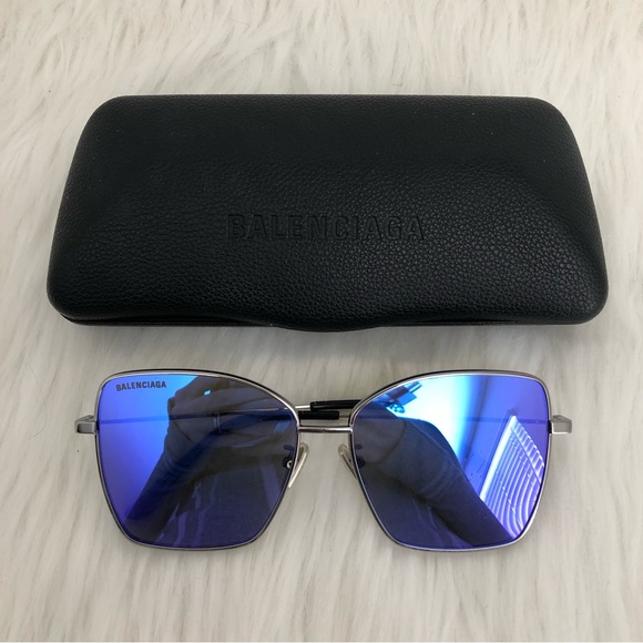 Balenciaga Trim Square Sunglasses in Ruthenium Blue Silver Oversized Sun Glasses - Picture 4 of 9